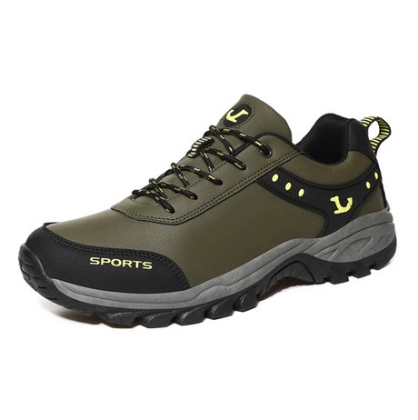 Olivgrüner Outdoor-Schuh mit breiter Zehenbox und stabiler Profilsohle – perfekt für unebenes Gelände, Wanderungen und lange Ausflüge.