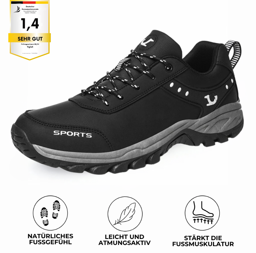 Orthopädischer Wanderschuh in Schwarz – TigleX ComfortTrail mit Antischmerz-Sohle, griffiger Outdoor-Sohle, ergonomischer Passform und ideal für Trekking, Wandern oder lange Spaziergänge. Lizenznummer: TGX2581W