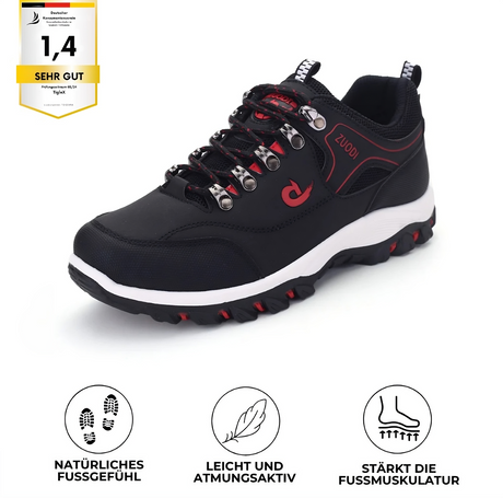 Orthopädischer Lauf- & Wanderschuh in Schwarz von TigleX – rutschfest, leicht, mit breiter Zehenbox und Antischmerz-Sohle für schmerzfreies Gehen. siegel Lizenznummer: TGX2581W