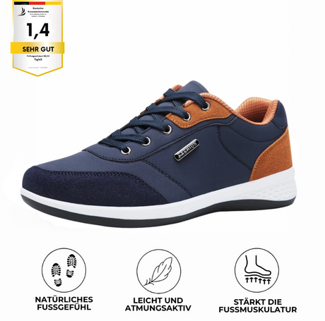 Orthopädischer Alltagsschuh TigleX FitCore in Blau-Braun – ergonomisch, rutschfest, mit Antischmerz-Sohle und breiter Zehenbox für schmerzfreies Gehen. siegel_Lizenznummer_TGX2581W